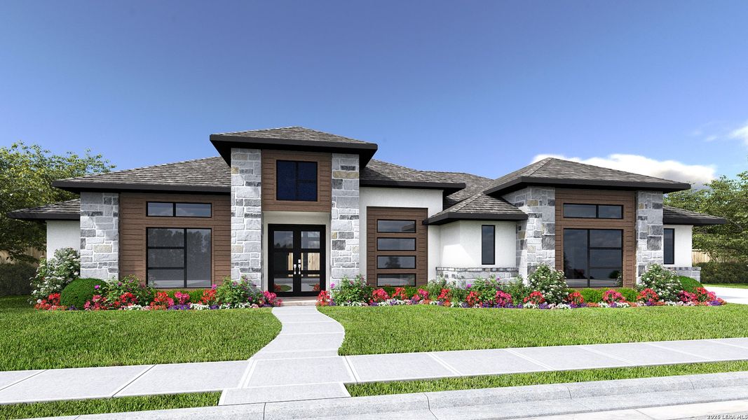 Front exterior of a new home in Thornebrook, Bulverde, TX, highlighting curb appeal (Image 1). Front exterior of a new home in Thornebrook, Bulverde, TX, highlighting curb appeal (Image 1).
