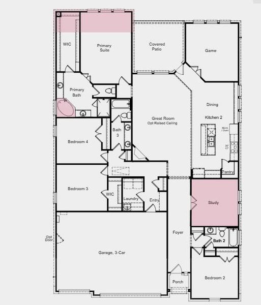 Additional highlights include: raised ceiling at gathering room, extended primary suite and walk in closet, tub and shower in primary bath, study, gourmet kitchen with built in appliances and exhaust hood, whole house blinds.