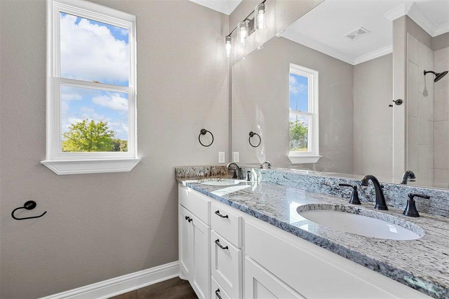 Bathroom featuring vanity and ornamental molding