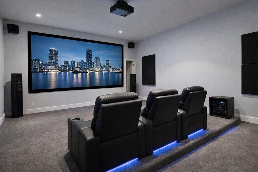 Carpeted cinema with baseboards and recessed lighting