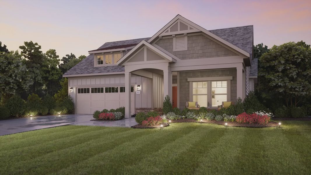 Representative exterior photo of a completed home built from the Portico by Epcon Communities in The Courtyards at Oak Grove, Durham, NC (Image 26). Representative exterior photo of a completed home built from the Portico by Epcon Communities in The Courtyards at Oak Grove, Durham, NC (Image 26).