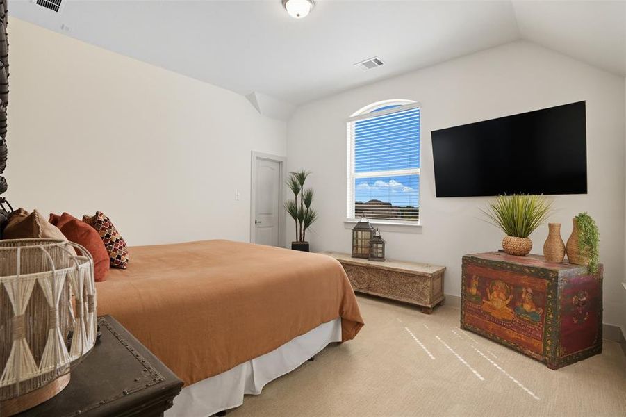 Bedroom featuring carpet and vaulted ceiling Bedroom featuring carpet and vaulted ceiling