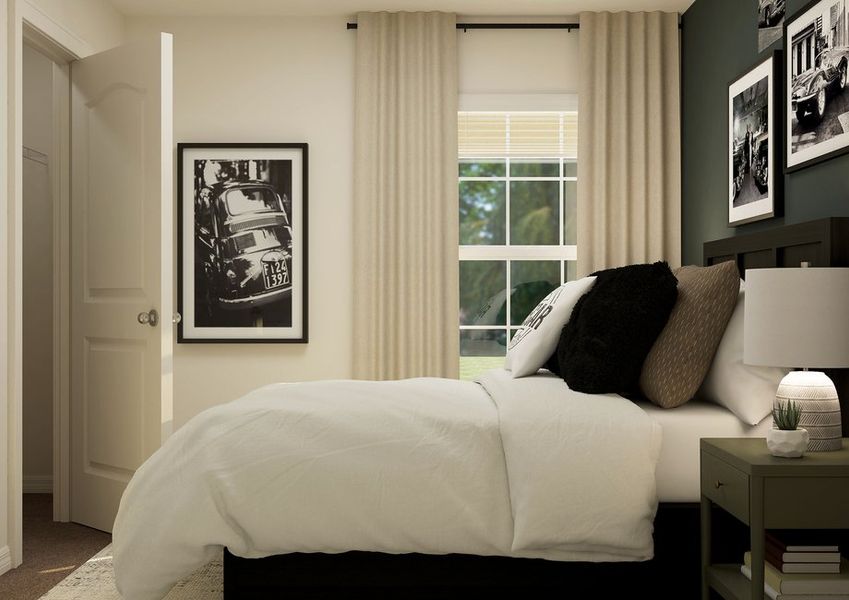 Rendering of a bedroom with a bed and nightstand. Rendering of a bedroom with a bed and nightstand.