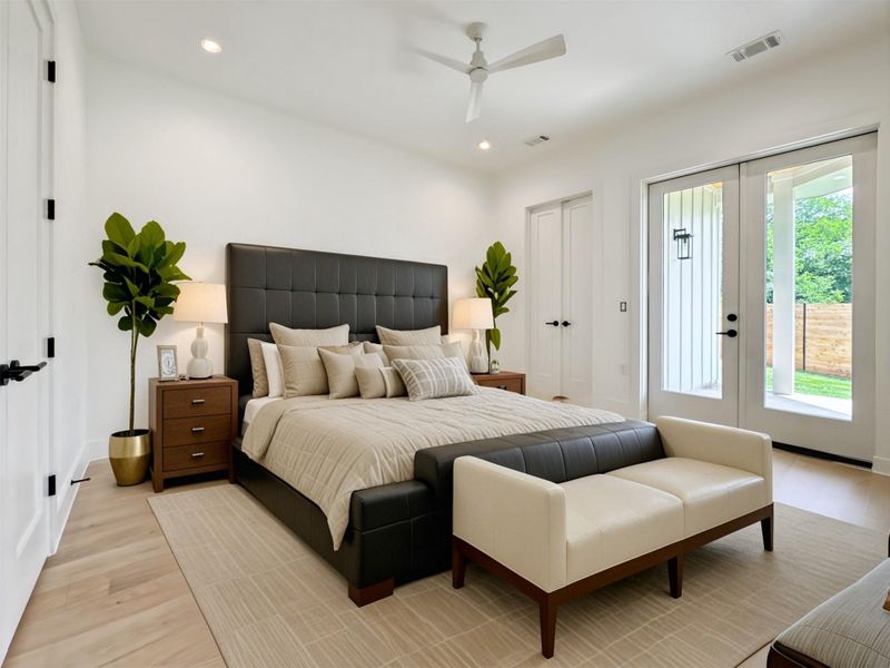Bedroom featuring access to exterior, light wood-style floors, french doors, recessed lighting, and a ceiling fan Bedroom featuring access to exterior, light wood-style floors, french doors, recessed lighting, and a ceiling fan