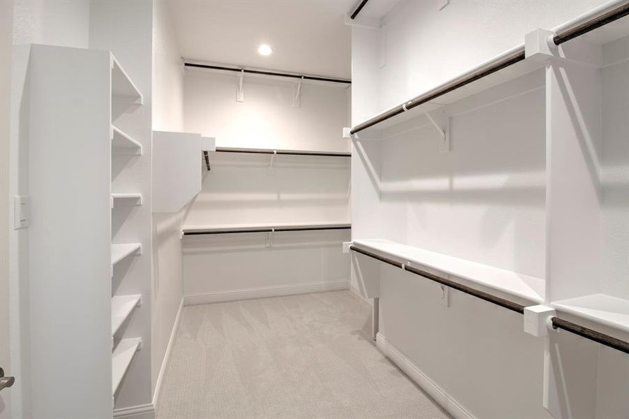 Spacious closet with light carpet