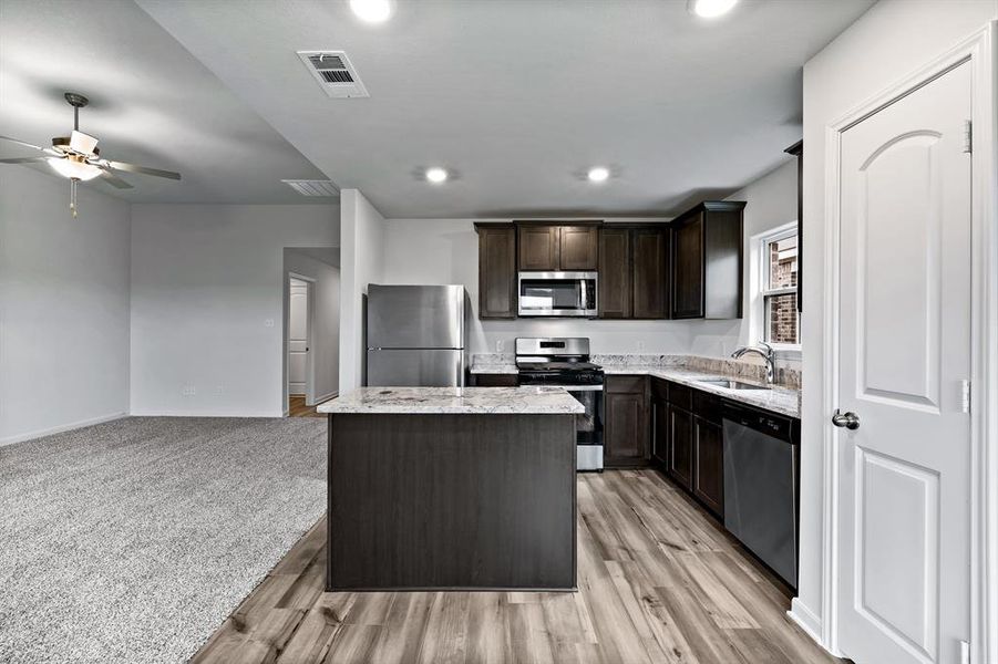 Kitchen with dark brown cabinets, ceiling fan, stainless steel appliances, light colored carpet, and a kitchen island