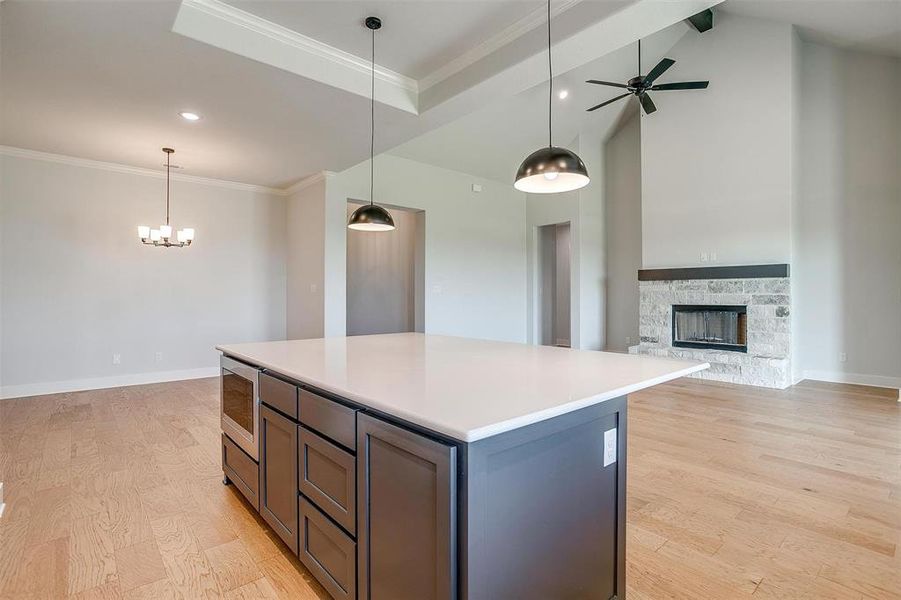 Kitchen featuring a stone fireplace, ornamental molding, light hardwood / wood-style flooring, and hanging light fixtures