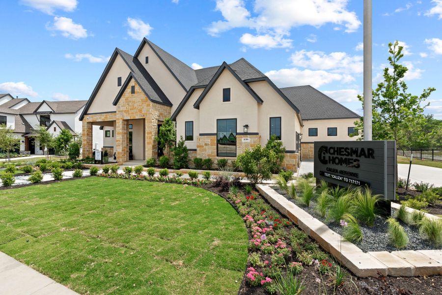 Front exterior of a new home in Caliza Reserve, Boerne, TX, highlighting curb appeal (Image 22).
