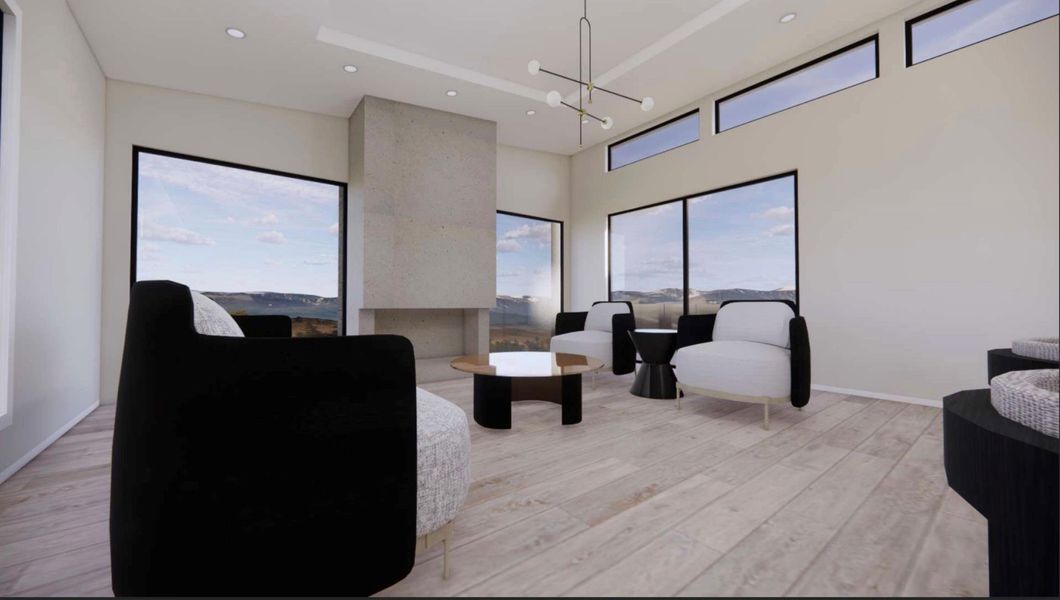 RENDERING - Living room with recessed lighting, light wood finished floors, a chandelier, and a high ceiling