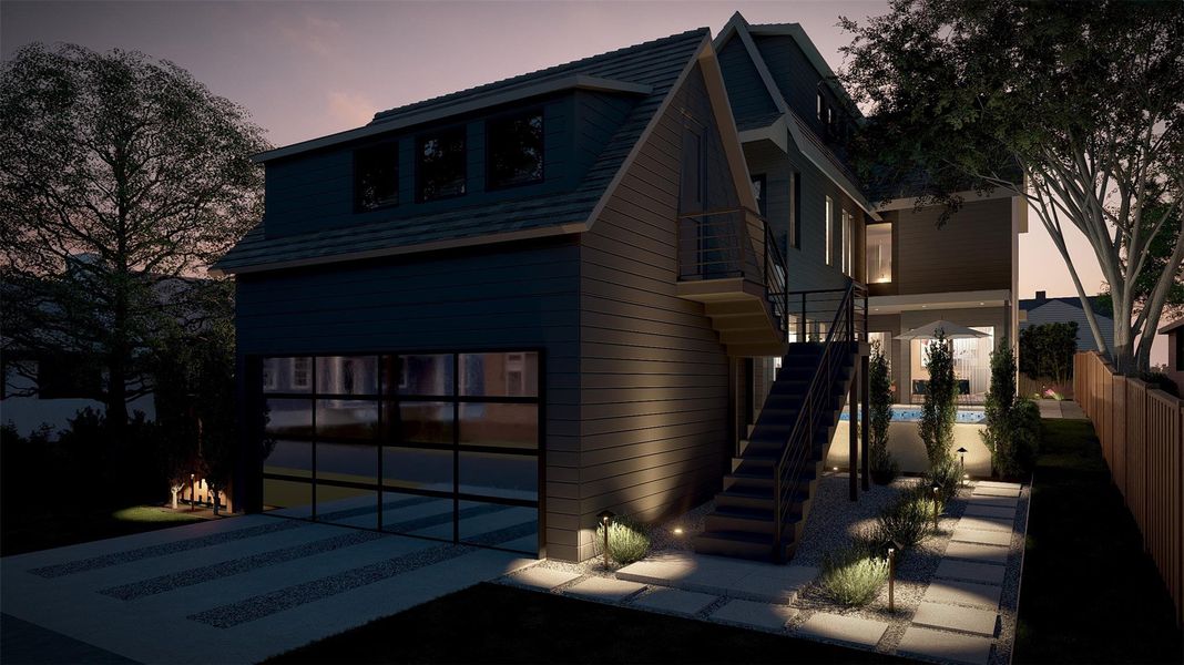An architectural multi-level exterior highlights structured pathways and a modern glass-panel garage. An architectural multi-level exterior highlights structured pathways and a modern glass-panel garage.