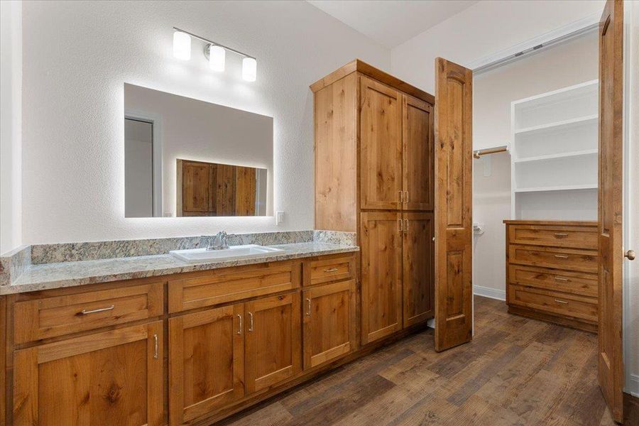 Bathroom with wood finished floors and vanity