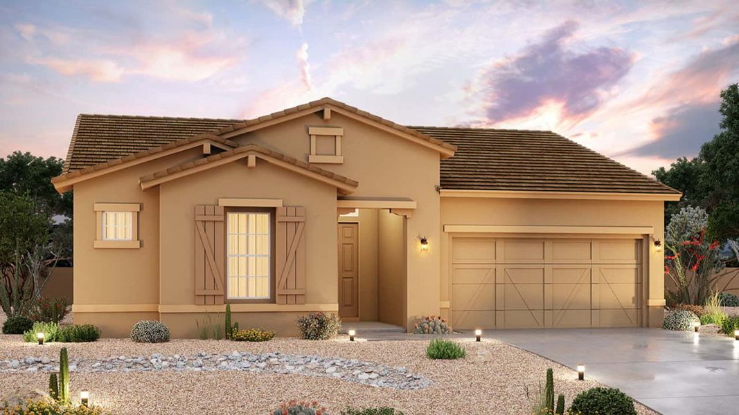 Representative exterior photo of a completed home built from the Topaz by Brightland Homes in Canyon Views - Hacienda, Litchfield Park, AZ (Image 2). Representative exterior photo of a completed home built from the Topaz by Brightland Homes in Canyon Views - Hacienda, Litchfield Park, AZ (Image 2).