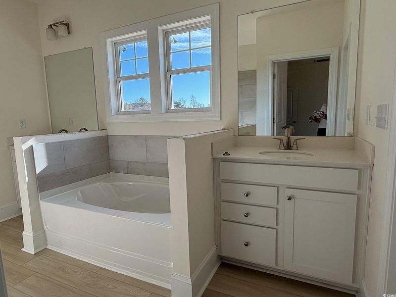Owner's bath with divided double vanity, tile shower & soaking tub.