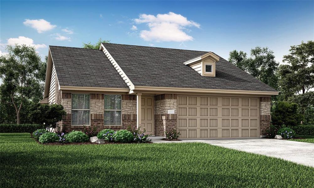 View of front facade featuring a garage and a front yard