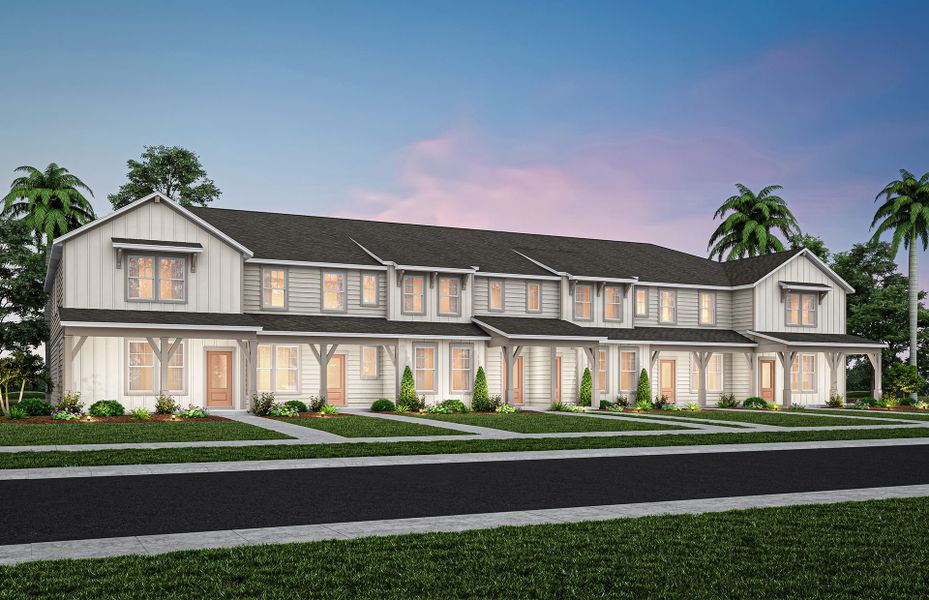 Front exterior of a new home in The Cove at Nona Sound, Orlando, FL, highlighting curb appeal (Image 1). Front exterior of a new home in The Cove at Nona Sound, Orlando, FL, highlighting curb appeal (Image 1).