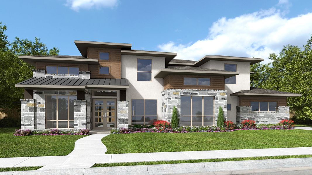 Representative exterior photo of a completed home built from the 4327A by Perry Homes in The Preserve At Elm Creek 1 Acre, New Braunfels, TX (Image 3).