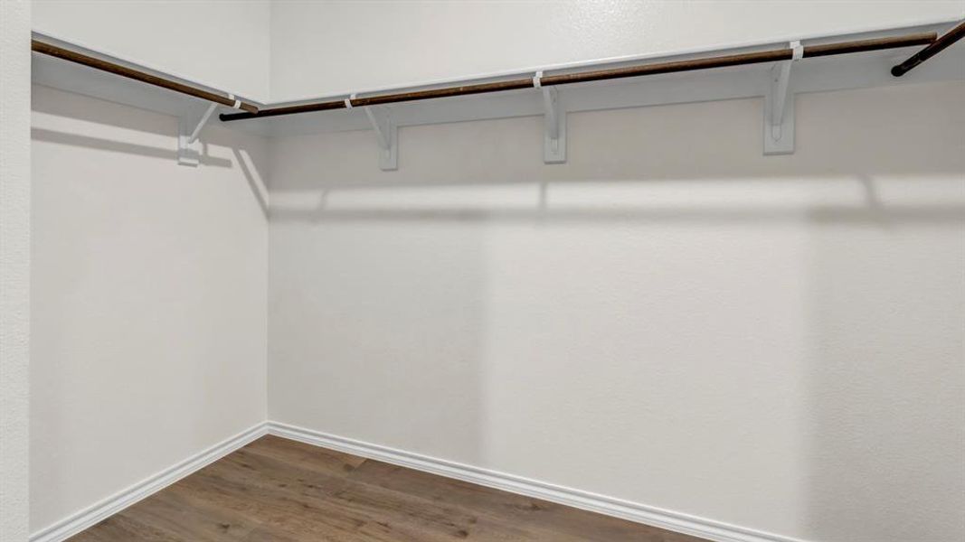 Walk in closet featuring dark wood-style floors Walk in closet featuring dark wood-style floors