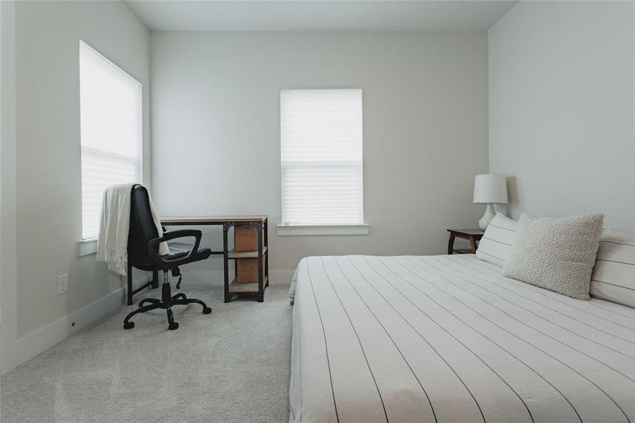 Carpeted room featuring two windows with blinds