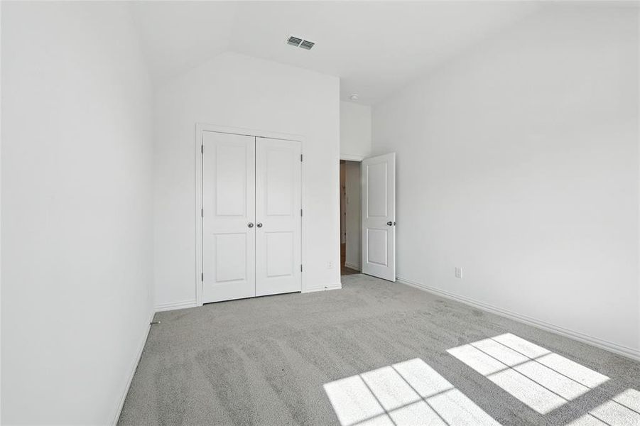 Unfurnished bedroom featuring light colored carpet, vaulted ceiling, and a closet