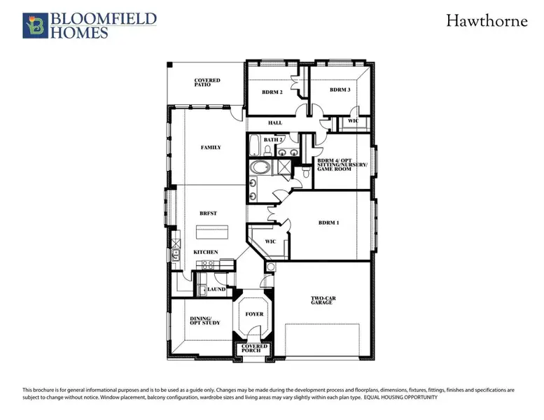 Bloomfield Homes Hawthorne floor plan with four bedrooms, two bathrooms, kitchen, family room, and two-car garage.