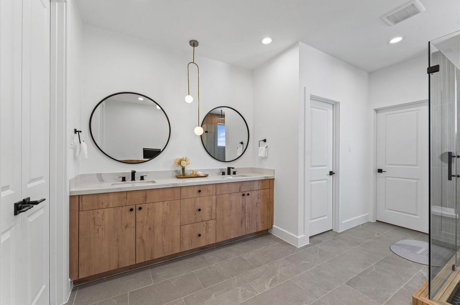 Double sink vanity, and separate wet room