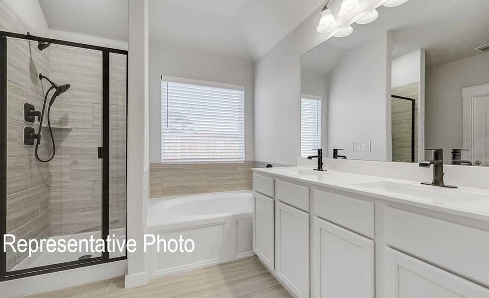 Bathroom featuring plus walk in shower, wood-type flooring, lofted ceiling, and vanity