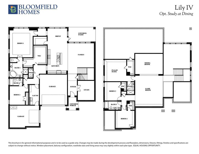 Bloomfield Homes Lily IV two-story floor plan with 4 bedrooms, game room, in-law suite, and optional study at dining.