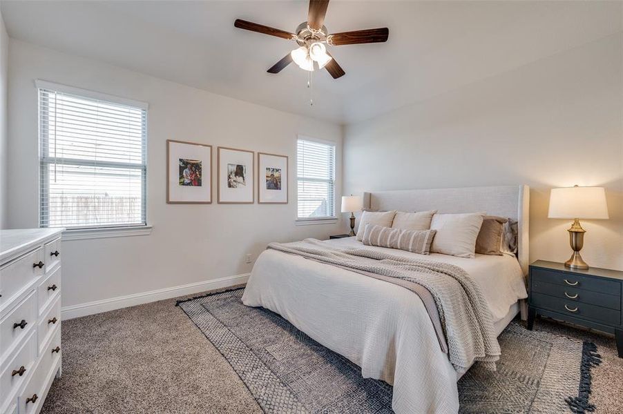 Nice sized primary suite with ceiling fan and multiple windows