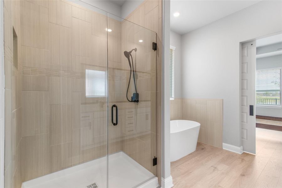 Luxurious primary bath with spacious shower and elegant soaking tub.