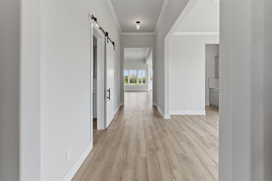 Hallway featuring a barn door, ornamental molding, and light wood finished floors