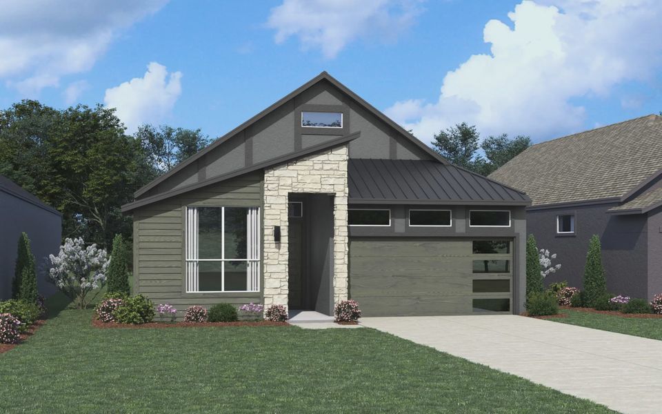 Representative exterior photo of a completed home built from the Delos by Chesmar Homes in Centero at Stone Oak, San Antonio, TX (Image 7). Representative exterior photo of a completed home built from the Delos by Chesmar Homes in Centero at Stone Oak, San Antonio, TX (Image 7).