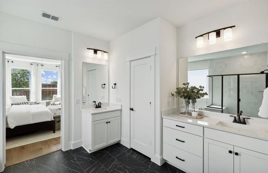 Modern owner's bath with dual vanities and a spacious shower *Model representation Modern owner's bath with dual vanities and a spacious shower *Model representation