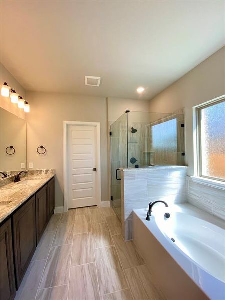 Large master bath has granite counters, slate cabinets, and 12x24 tile.