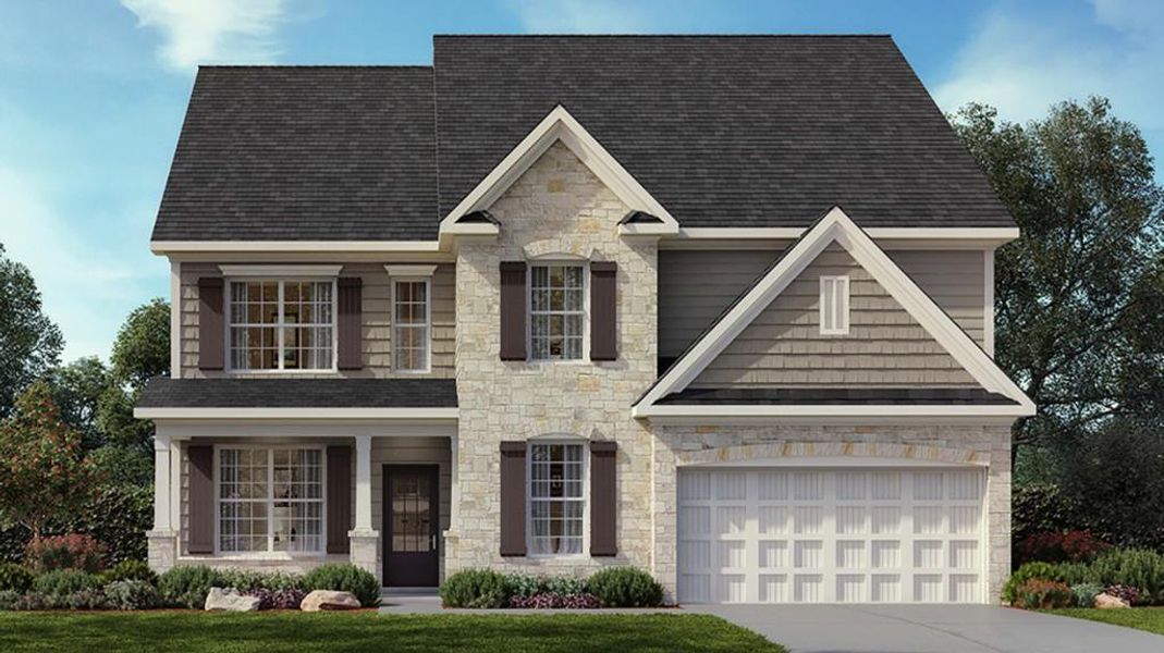 Front exterior of a new home in Haven Abbey, Cumming, GA, highlighting curb appeal (Image 1). Front exterior of a new home in Haven Abbey, Cumming, GA, highlighting curb appeal (Image 1).