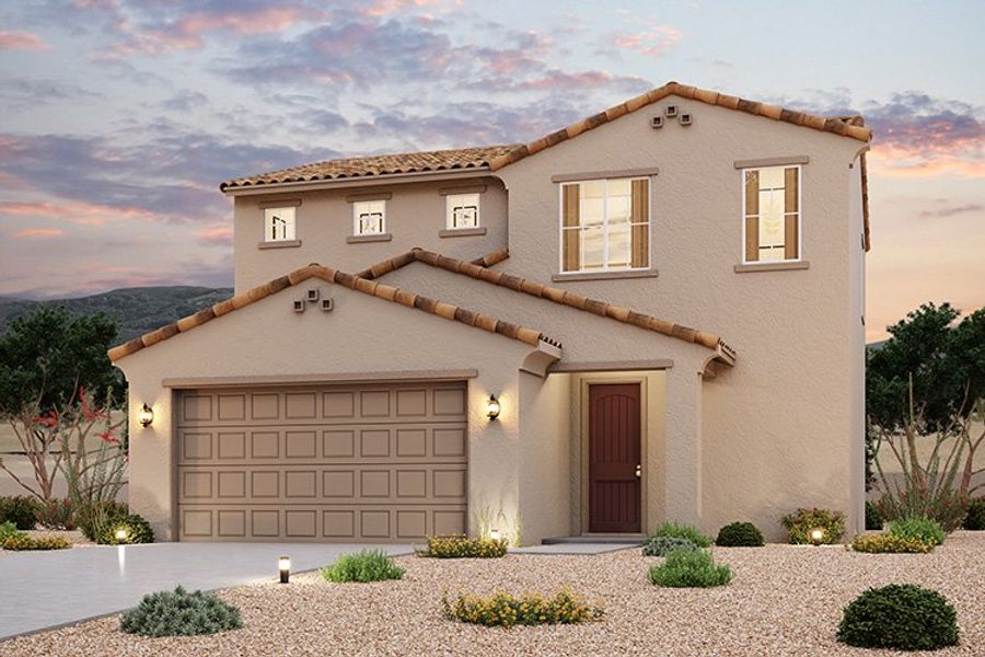 Front exterior of a new home in The Ridge Collection at Superstition Vista, Apache Junction, AZ, highlighting curb appeal (Image 1). Front exterior of a new home in The Ridge Collection at Superstition Vista, Apache Junction, AZ, highlighting curb appeal (Image 1).