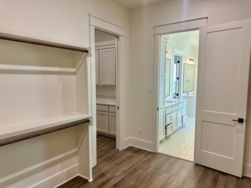 Walk in closet featuring dark wood-style floors