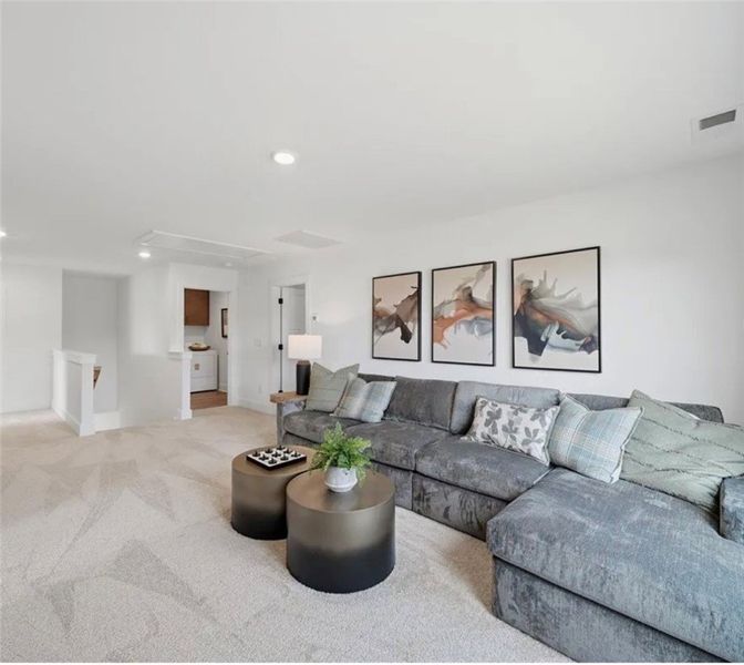 A spacious and comfortable living area with carpet A spacious and comfortable living area with carpet