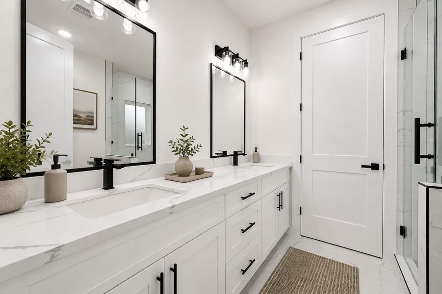Primary ensuite. Photo is virtually staged.