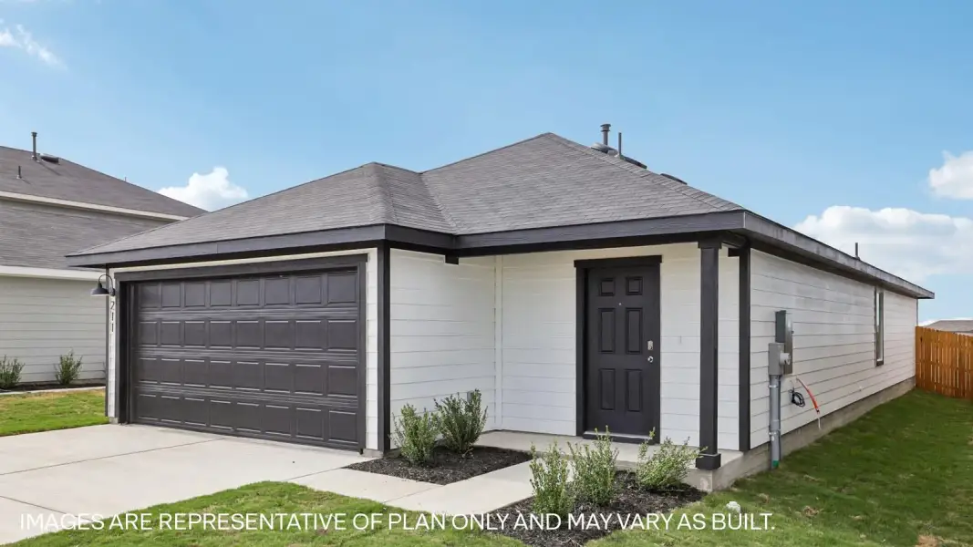 Front exterior of a new home in Marigold, Kyle, TX, highlighting curb appeal (Image 16).