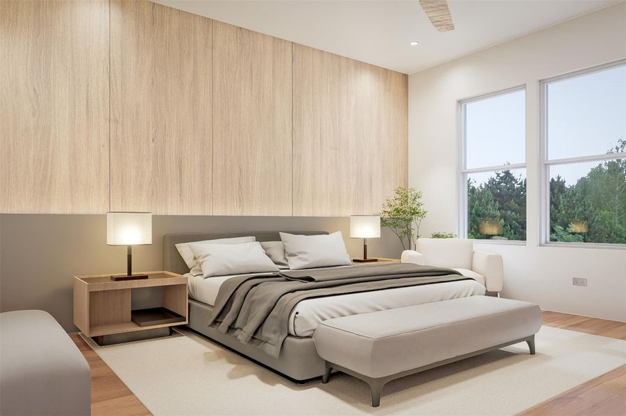 Primary bedroom with custom wood accent wall with plenty of windows.