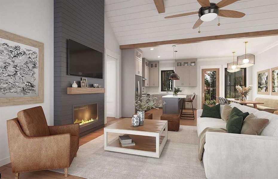 This open concept home features vaulted ceilings, wood burning fireplace, & an oversized island. This open concept home features vaulted ceilings, wood burning fireplace, & an oversized island.