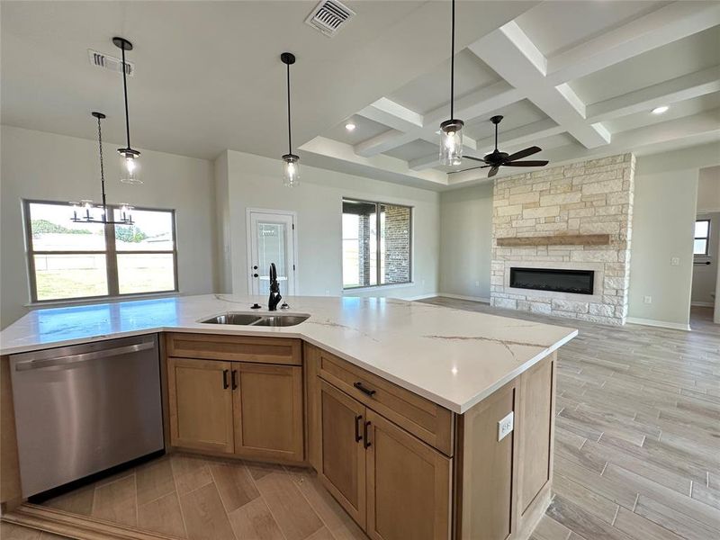 Kitchen with wood finish floors, dishwasher, a fireplace, decorative light fixtures, and coffered ceiling