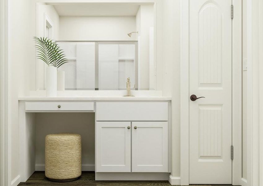 Rendering of the master bath focused on
  the sink with white cabinetry and makeup vanity. The toilet is visible on the
  other side of a wall partition. The shower is reflected in the mirror.