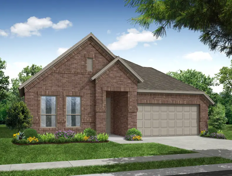 Representative exterior photo of a completed home built from the Cambridge by Impression Homes in Timberbrook, Justin, TX (Image 2). Representative exterior photo of a completed home built from the Cambridge by Impression Homes in Timberbrook, Justin, TX (Image 2).