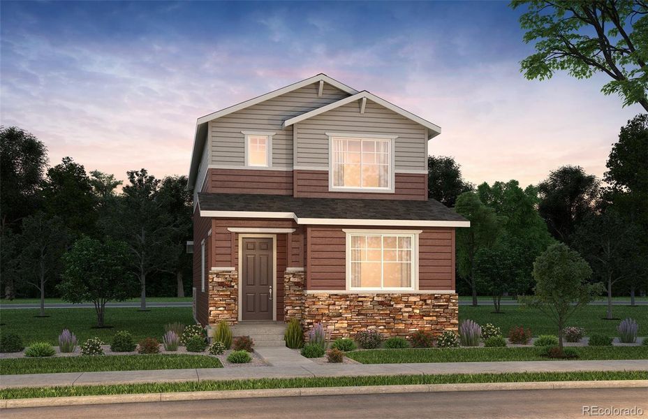 Front exterior of a new home in Painted Prairie, Aurora, CO, highlighting curb appeal (Image 1).
