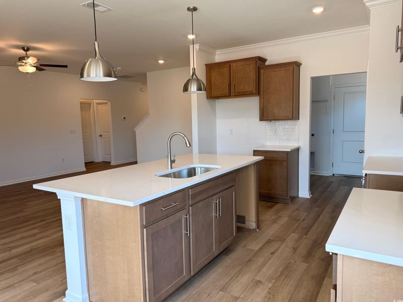 Beautiful Kitchen with decorative light fixtures, island & quartz counter tops.