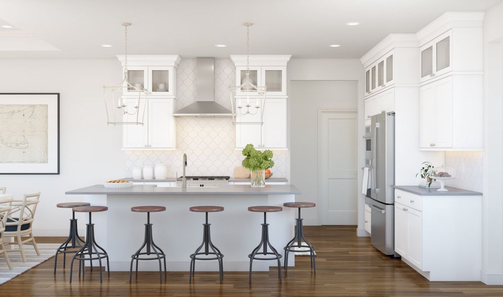 Kitchen with stacked glass-front upper cabinets