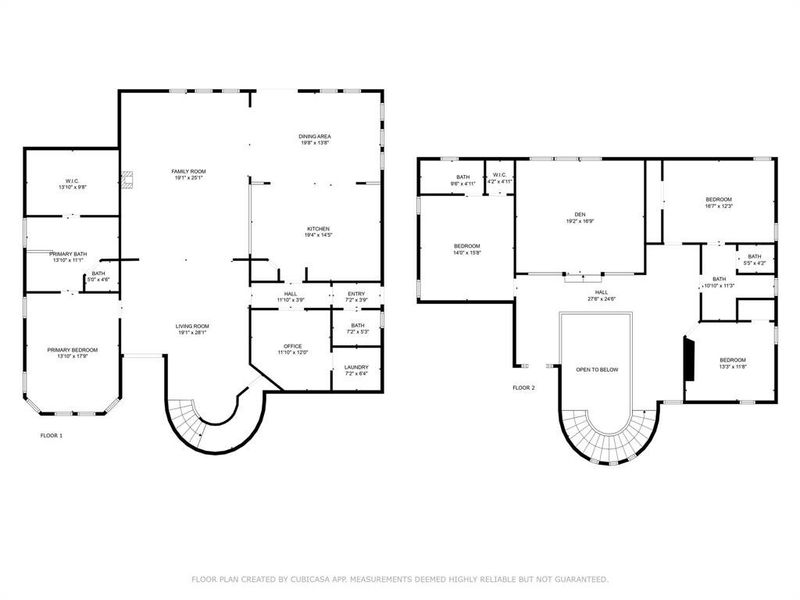 This floor plan features two levels. The first floor includes a spacious family room, living room, kitchen, dining area, primary bedroom with en-suite bath and walk-in closet, office, laundry, and additional bath. The second floor comprises two bedrooms, a den, two more baths, and overlooks an open area below. Elegant circular stairs connect the levels.