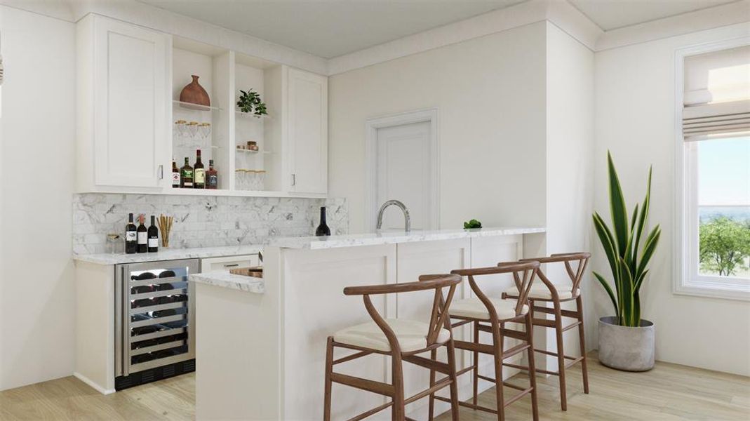 Bar featuring light wood-type flooring, beverage cooler, white cabinetry, and decorative backsplash