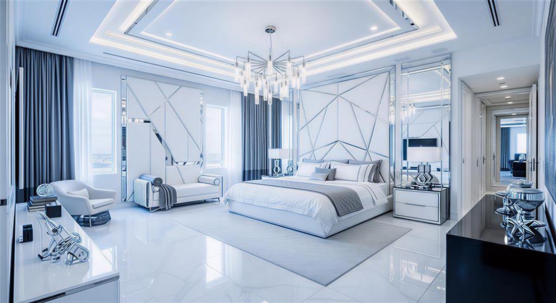Bedroom with a tray ceiling, a chandelier, and marble finish flooring